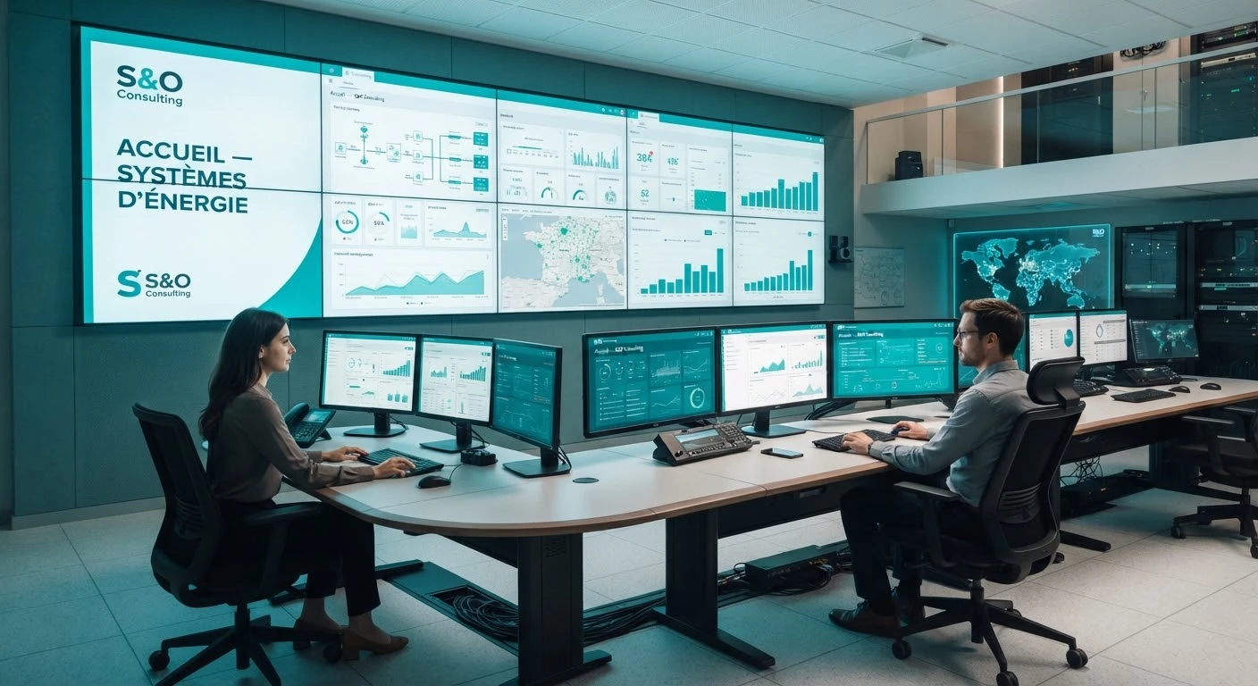 Salle de contrôle sophistiquée avec écrans de supervision de systèmes énergétiques.