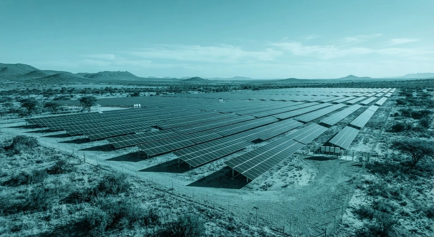 Ferme solaire moderne dans un paysage semi-aride africain, duotone turquoise.
