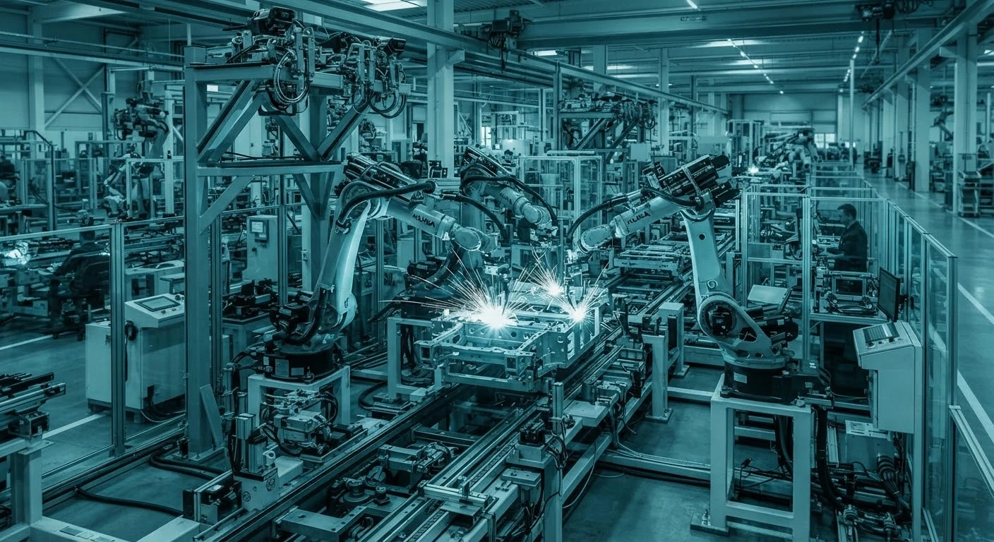 Ligne d'assemblage automatisée avec bras robotisés dans une usine moderne.